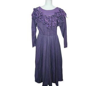 Womens 80s Denim Fringe Prairie Western Dress Purple Tassle Pockets